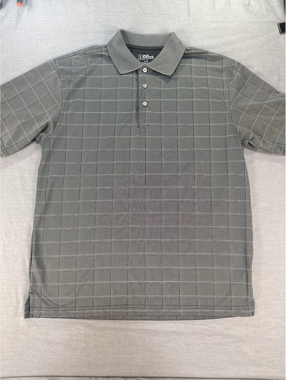 PGA Tour Men's Large Grey Polyester Golf Polo Shirt with Subtle Check Pattern